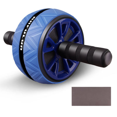Blue and black quiet exercise wheel for core strength with ergonomic handles and textured wheel surface