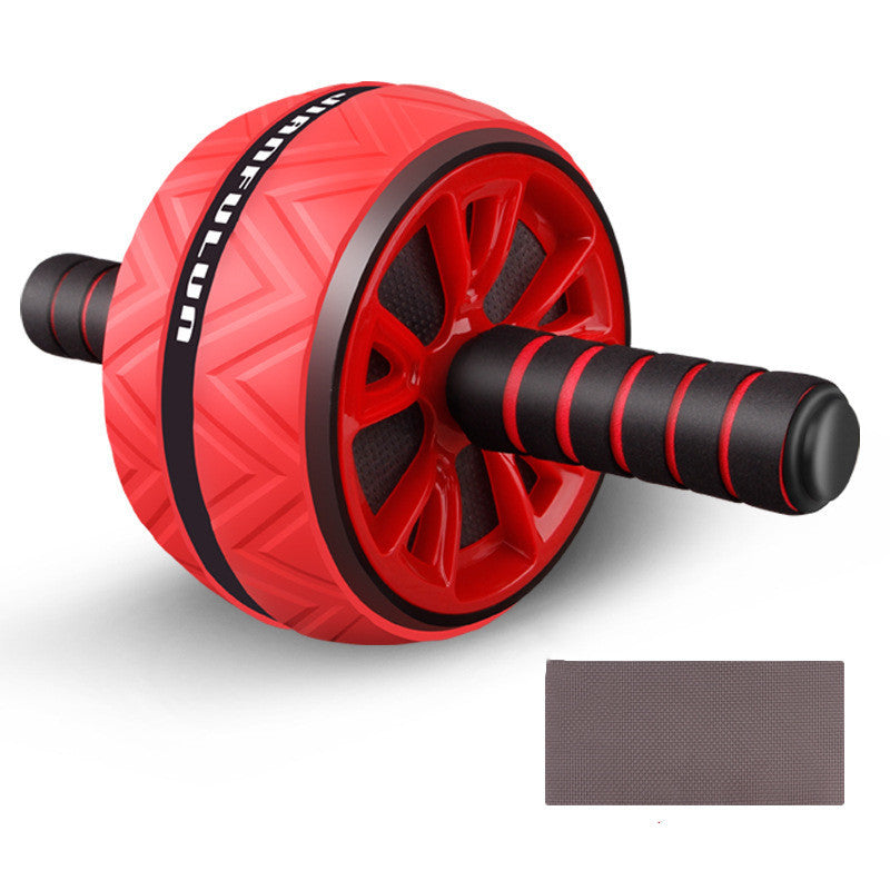 Red quiet exercise wheel for core strength with black grip handles and separate gray mat