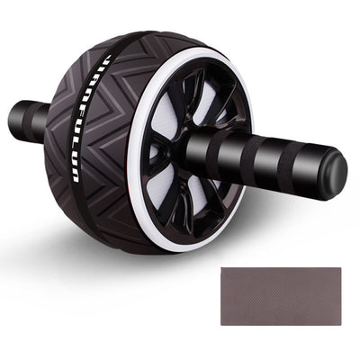 Black quiet exercise wheel for core strength with padded handles and textured wheel surface