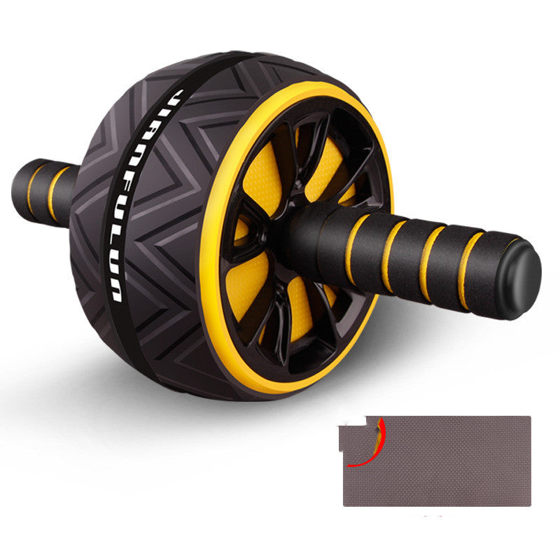 Quiet exercise wheel for core strength with black and yellow design and comfortable grip handles