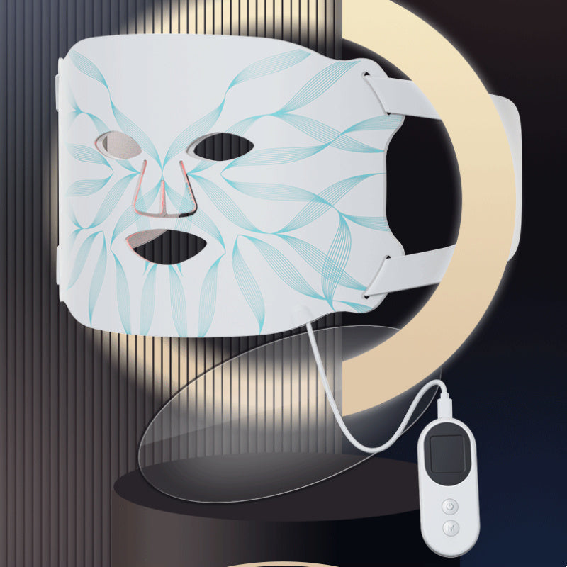 White LED light therapy mask with blue wave patterns and remote control for skin treatment