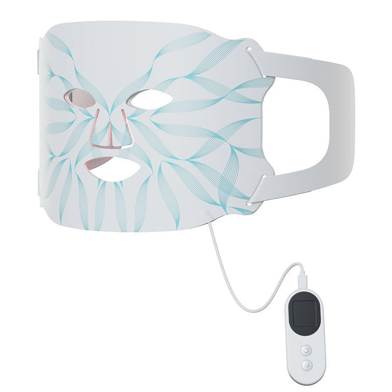 White LED light therapy mask with blue wave design and remote control for skincare treatment