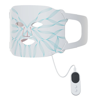White LED light therapy mask with blue wave design and remote control for skincare treatment