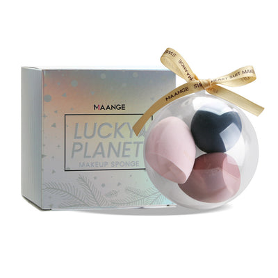 Maange Lucky Planet spherical makeup sponge set with three sponges in clear round packaging and decorative ribbon