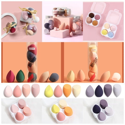Collection of colorful spherical makeup sponges in various shapes and packaging for cosmetic application