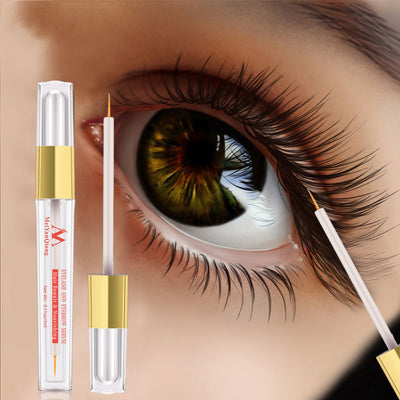 Colored mascara for eyelashes with precision brush applicator shown on close-up of green eye lashes