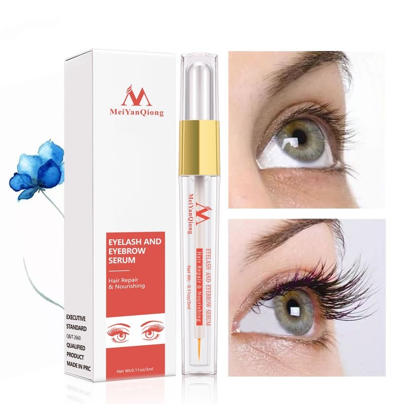 Colored mascara for eyelashes with eyelash and eyebrow serum showing before and after lash enhancement