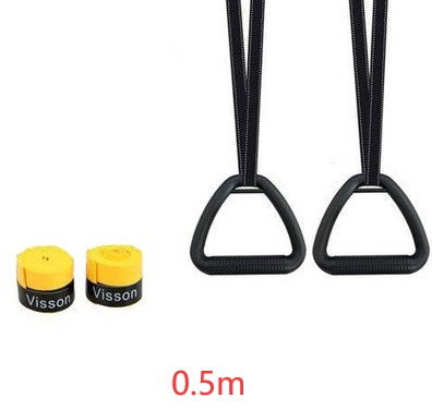 Ring fitness equipment for home with black handles and yellow straps for resistance training