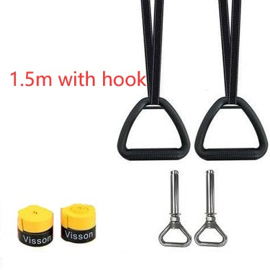 Ring fitness equipment for home with 1.5m straps, black handles, and metal hooks for workout support