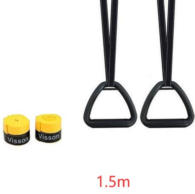 Ring fitness equipment for home featuring black handles with straps and yellow grip caps for workout exercises