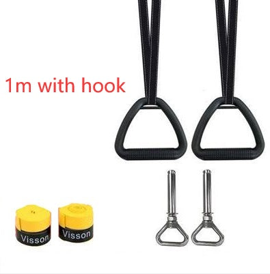 Ring fitness equipment for home including black handles with straps and metal hooks for workout