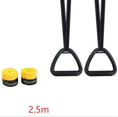 Ring fitness equipment for home with black handles and yellow straps measuring 2.5 meters
