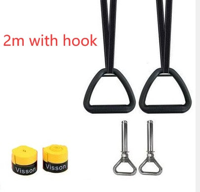Ring fitness equipment for home with black handles, hooks, and yellow straps for suspension training