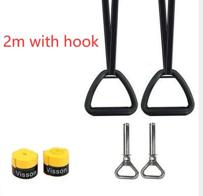Ring fitness equipment for home with black handles, hooks, and yellow straps for suspension training