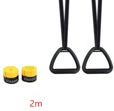 Black ring fitness equipment for home with adjustable straps and yellow Visson grips