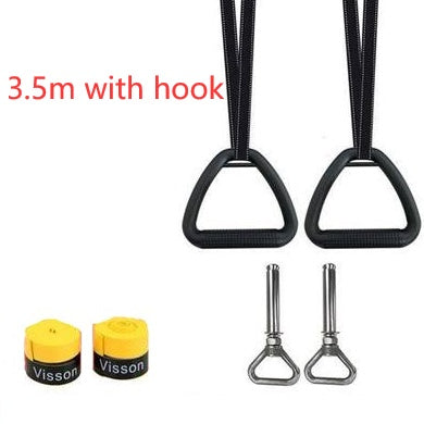 Ring fitness equipment for home with black handles, 3.5m straps, and metal hooks for workouts