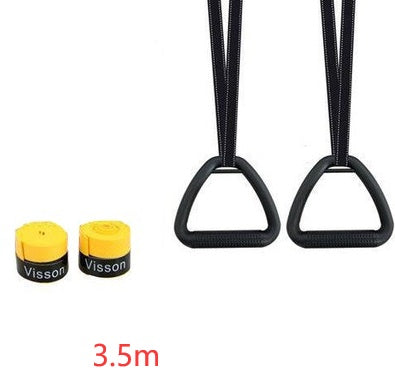 Ring fitness equipment for home featuring black handles and adjustable straps with yellow accessories