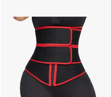 Black waist slimming sweat belt with red trim worn around the waist for shaping and support