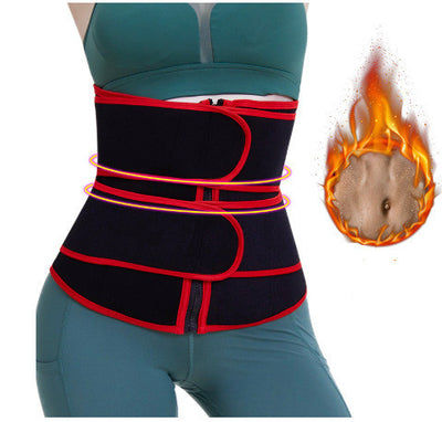 Woman wearing black and red waist slimming sweat belt with zipper and adjustable straps
