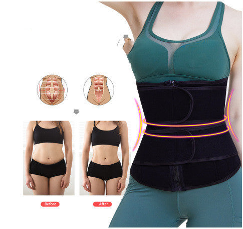Woman wearing a waist slimming sweat belt showing before and after results for toned abdomen