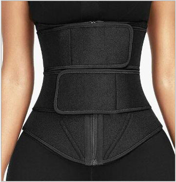 Black waist slimming sweat belt with adjustable straps and zipper closure for effective waist shaping