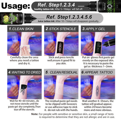 Step-by-step guide showing application process of safe temporary tattoo for adults using stencil and gel on clean skin