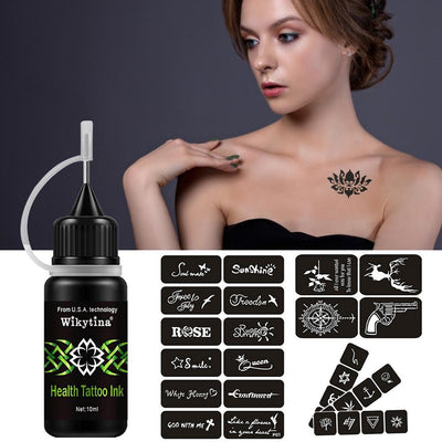 Safe temporary tattoo for adults showing black ink bottle and stencil designs with floral chest tattoo on woman