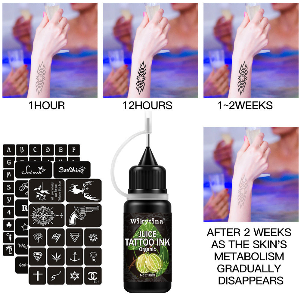 Safe temporary tattoo for adults shown with design application, ink bottle, and removal timeline on arm