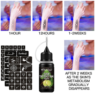 Safe temporary tattoo for adults shown with design application, ink bottle, and removal timeline on arm