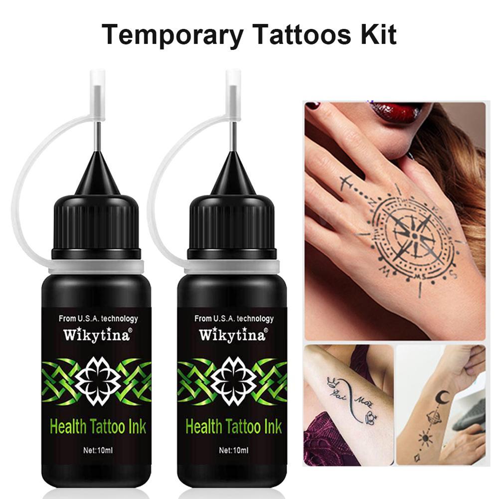 Safe temporary tattoo for adults featuring black health tattoo ink bottles and sample hand and arm tattoo designs